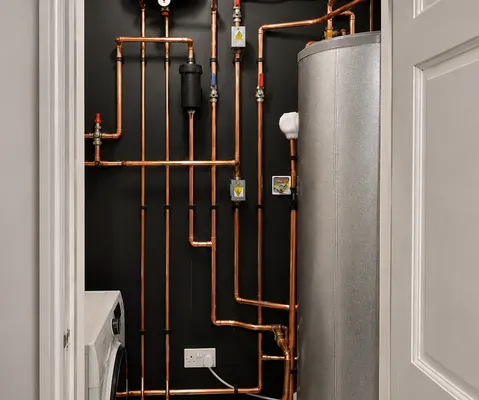 Copper and PEX piping on a black mechanical wall, Las Vegas