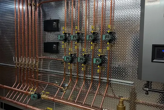 Copper manifolds and circulator pumps on a Las Vegas boiler room wall