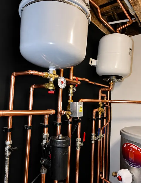 Expansion tanks and copper piping on a mechanical wall in Las Vegas